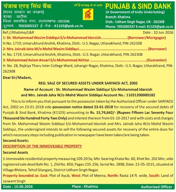 Sale Notice: Secured Assets Sale by Punjab & Sind Bank