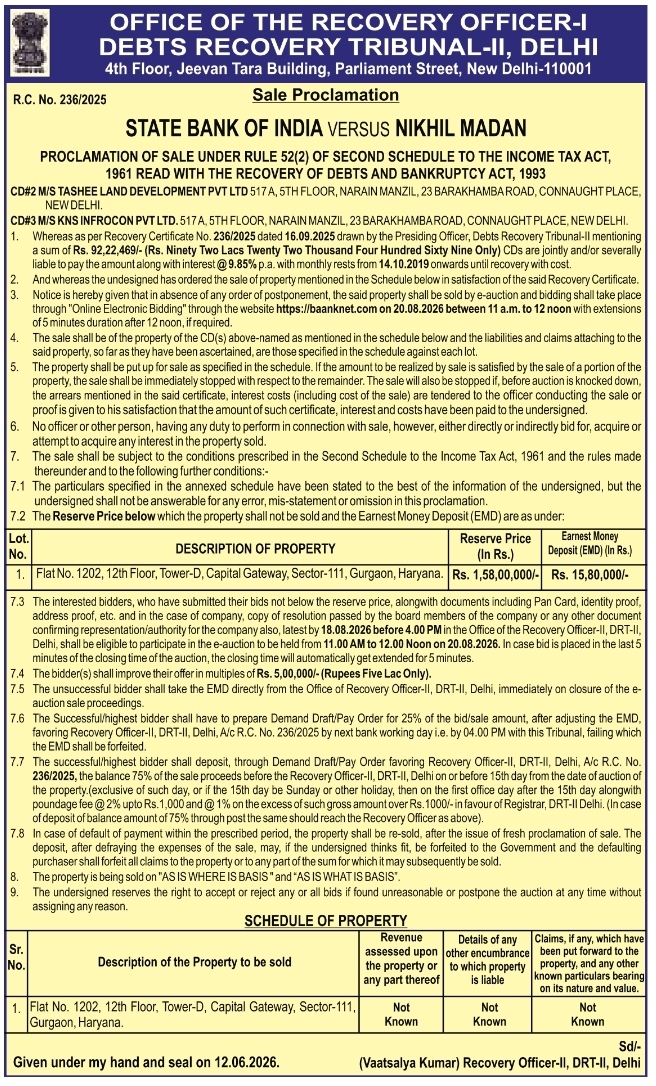 Sale Proclamation: Auction Sale by Debts Recovery Tribunal-II, Delhi