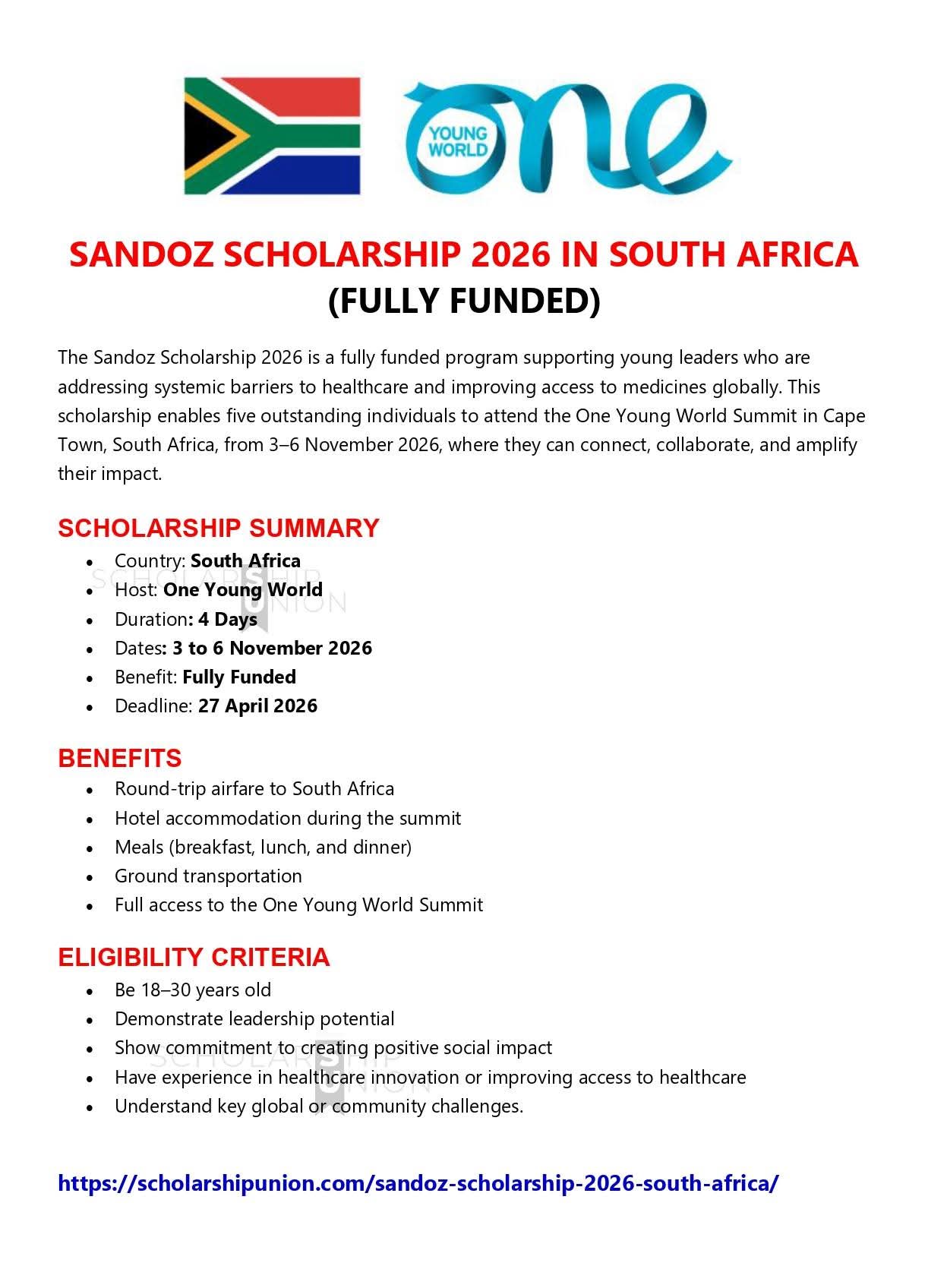 Sandoz Scholarship 2026 in South Africa