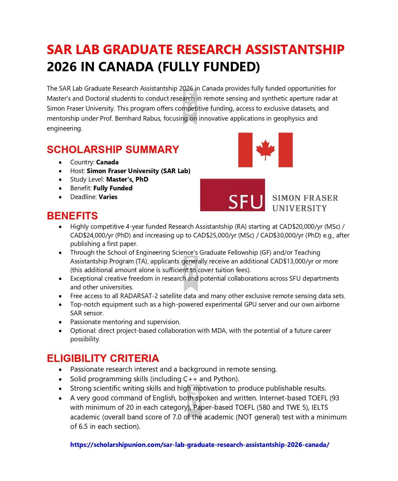 SAR Lab Graduate Research Assistantship 2026 in Canada