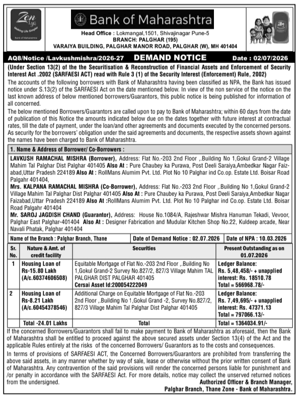 SARFAESI Demand Notice by Bank of Maharashtra for Palghar Property