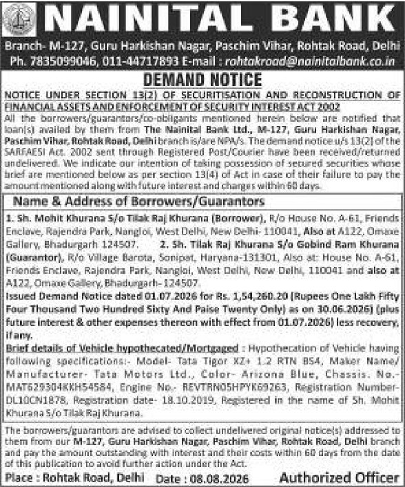 SARFAESI Demand Notice for Hypothecated Vehicle by Nainital Bank