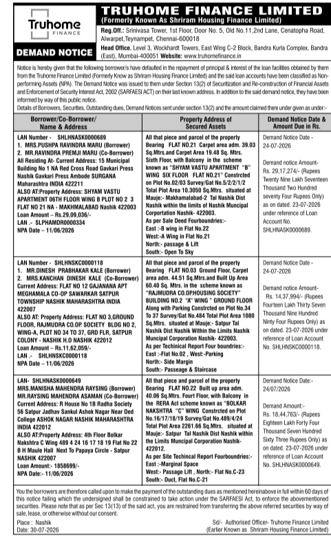 SARFAESI Statutory Demand Notice by Truhome Finance