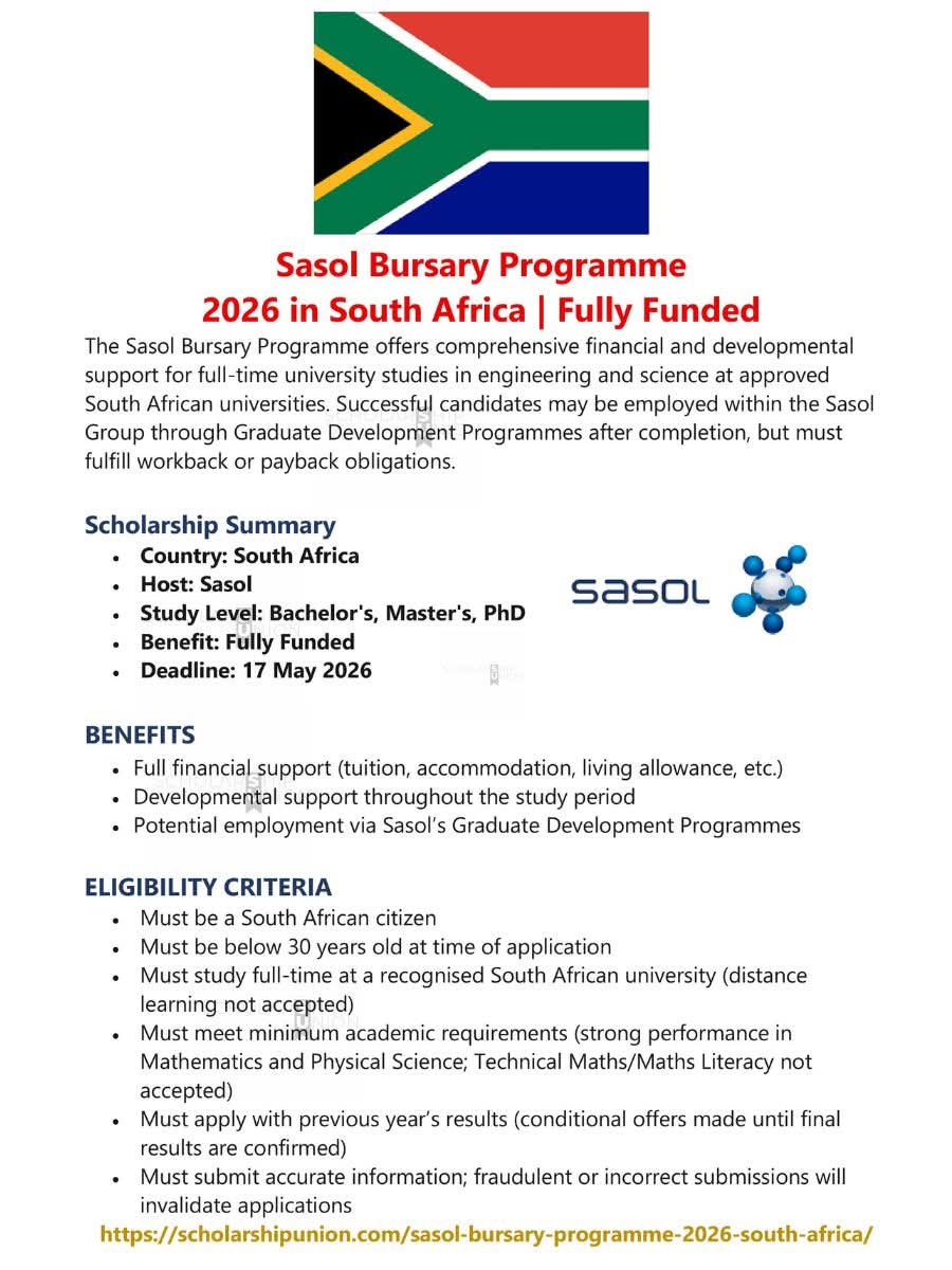 Sasol Bursary Programme 2026 in South Africa