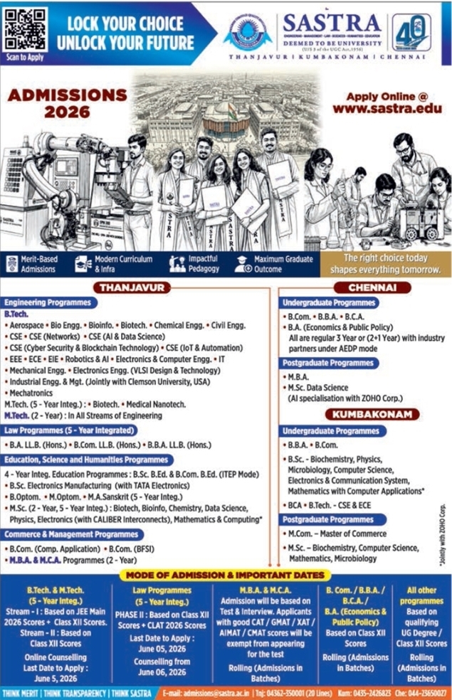 SASTRA Deemed University Admissions Open 2026