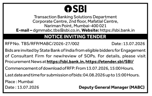 SBI Notice Inviting Tender for Consultant Firm Engagement