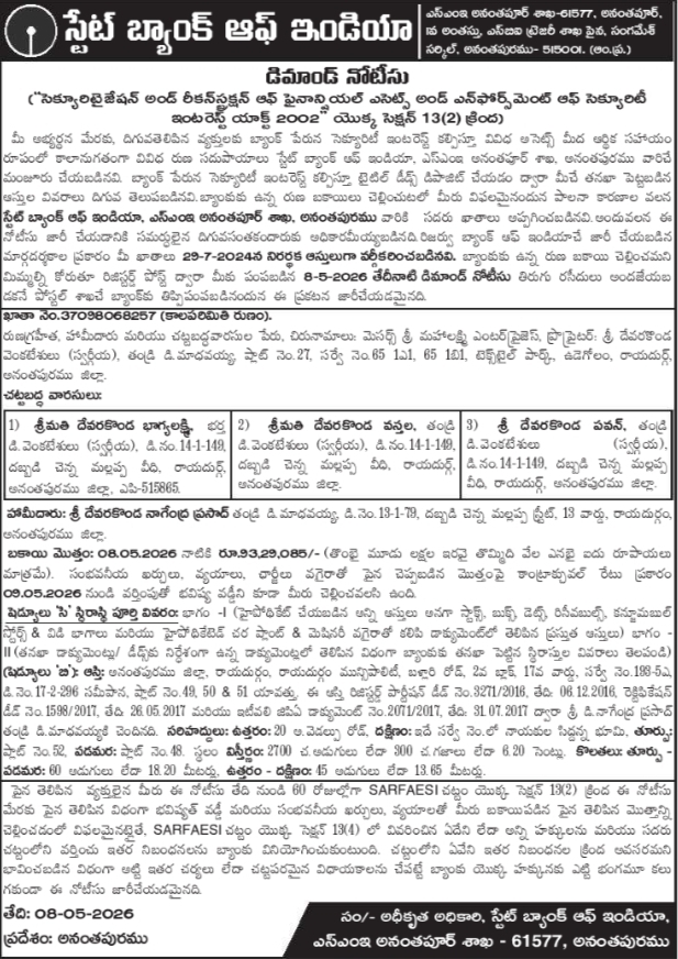 SBI SME Anantapur SARFAESI Act Demand Notice