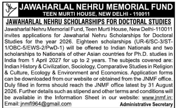 Scholarship Notice: Doctoral Fellowships by Jawaharlal Nehru Memorial Fund
