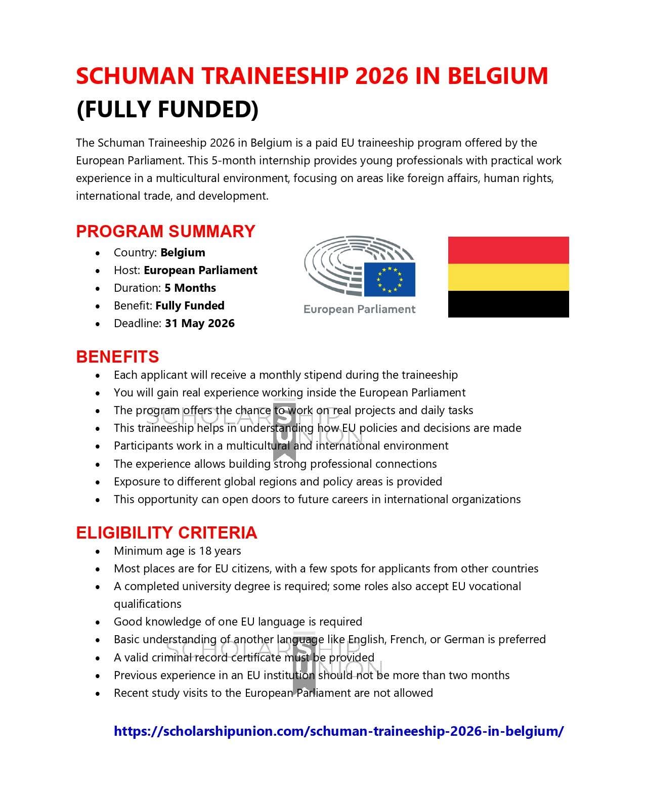 Schuman Traineeship 2026 in Belgium