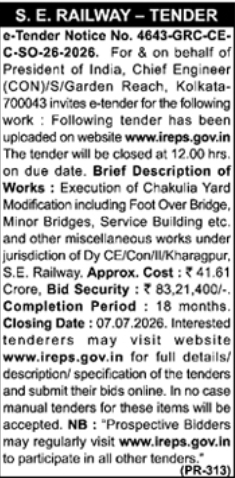 S.E. Railway 2026 Chakulia Yard Modification Tender