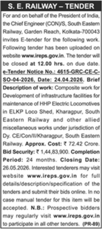 S.E. Railway e-Tender Notice: Infrastructure Development & Maintenance