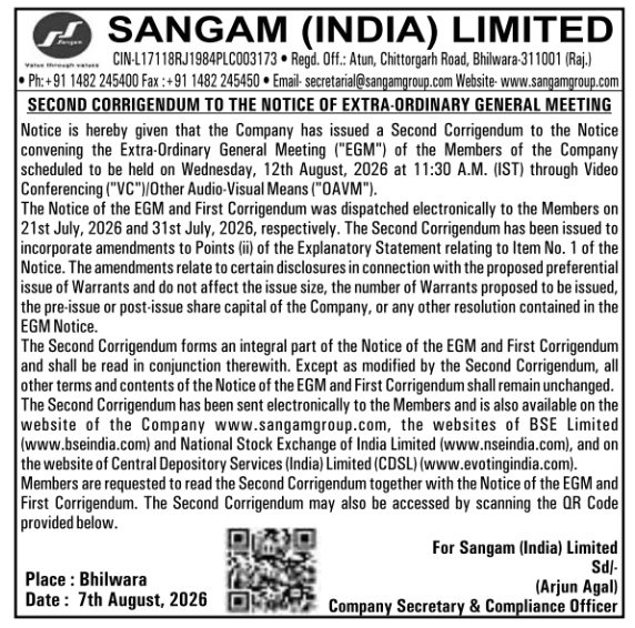 Second Corrigendum to Extra-Ordinary General Meeting Notice by Sangam India