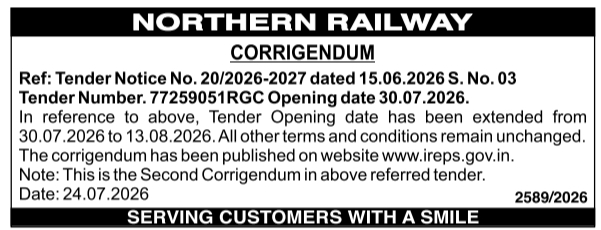 Second Tender Opening Date Extension Corrigendum by Northern Railway