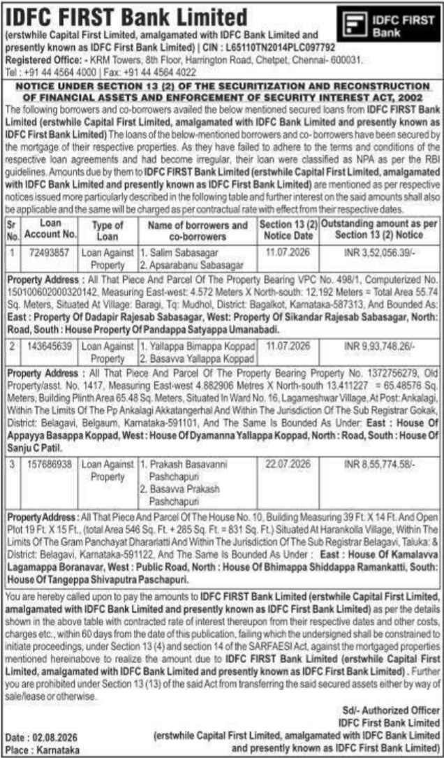 Section 13(2) Possession Notice for IDFC FIRST Bank Mortgaged Properties