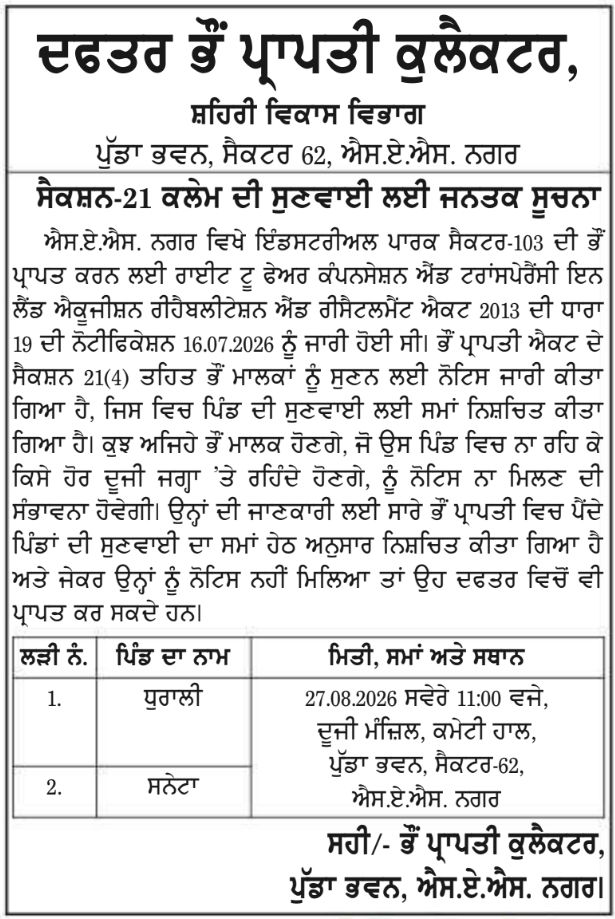 Section 21 Land Acquisition Hearing Public Notice by Urban Development Department SAS Nagar