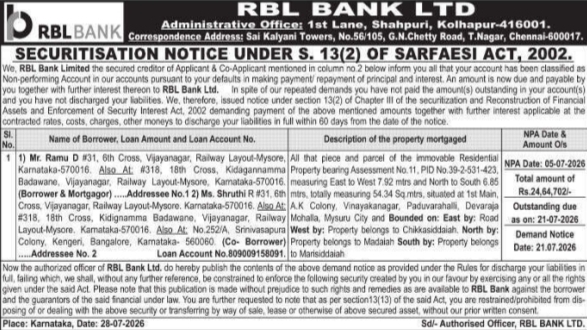 Securitisation Notice of Immovable Property by RBL Bank