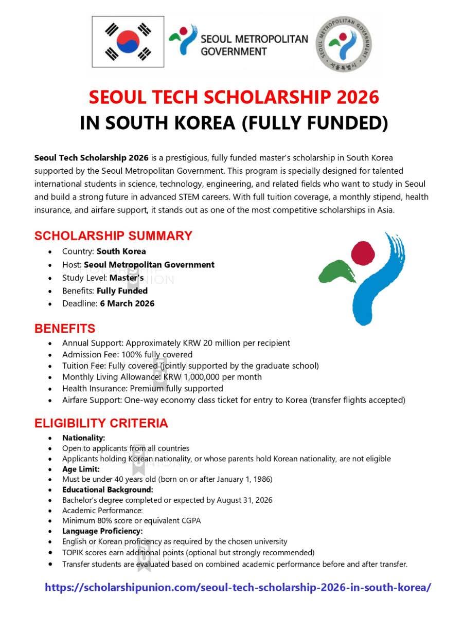 Seoul Tech Scholarship 2026 in South Korea