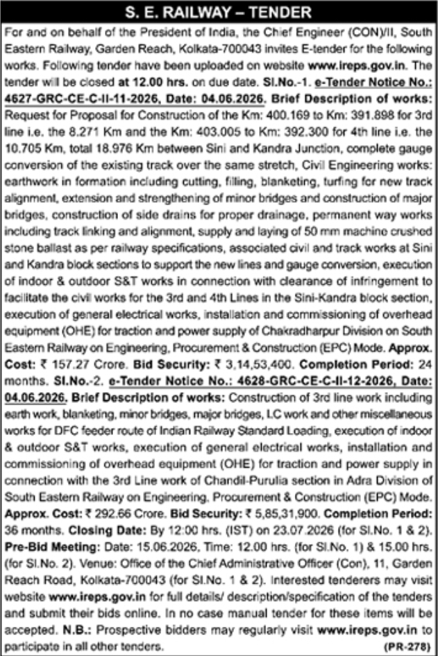 SER Kolkata: Line Expansion and Electrification EPC E-Tenders
