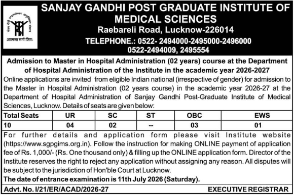 SGPGIMS: Master in Hospital Administration Admissions 2026-27