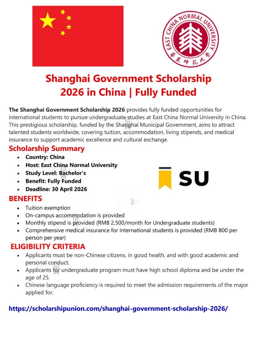 Shanghai Government Scholarship (SGS) 2026 in China