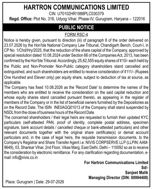 Share Capital Reduction Capital Return Notice by Hartron Communications