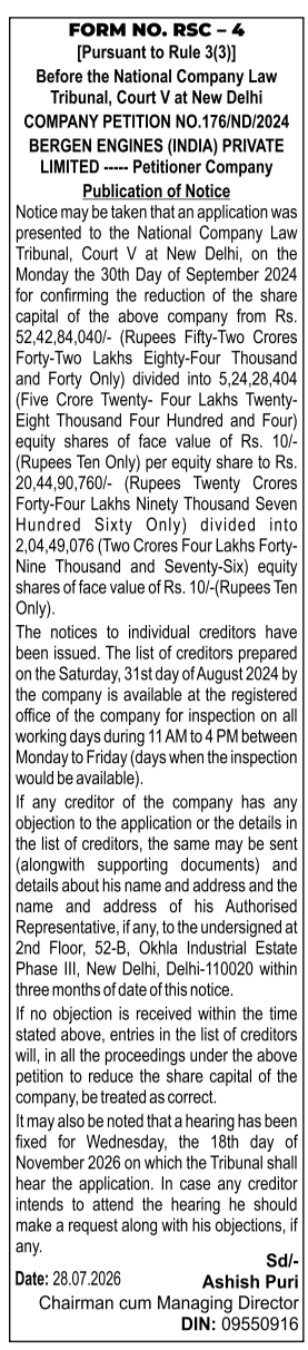 Share Capital Reduction Corporate Notice by Bergen Engines