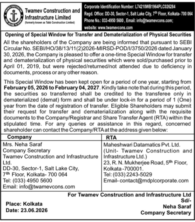Share Notice: Twamev Construction and Infrastructure Limited