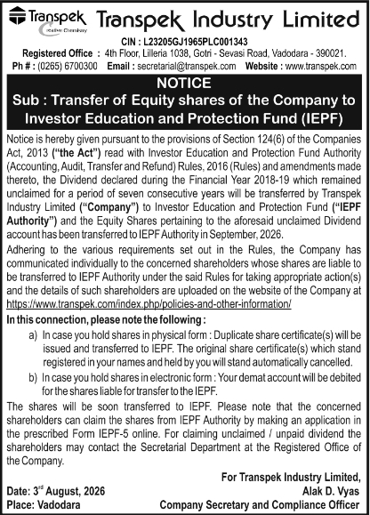 Share Transfer Notification to Investor Education and Protection Fund