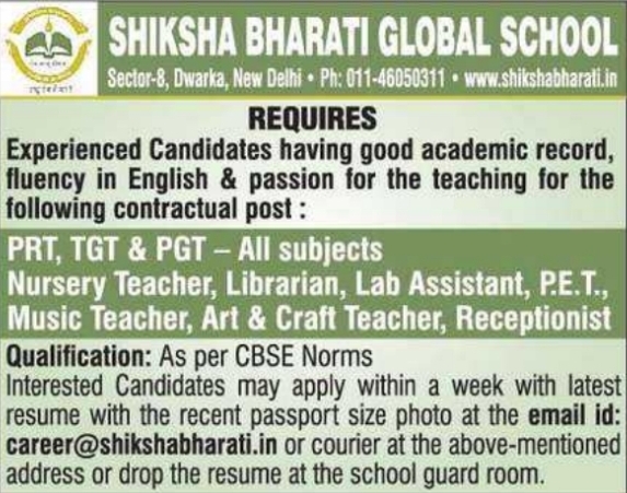 Shiksha Bharati Global School: Teacher Recruitment