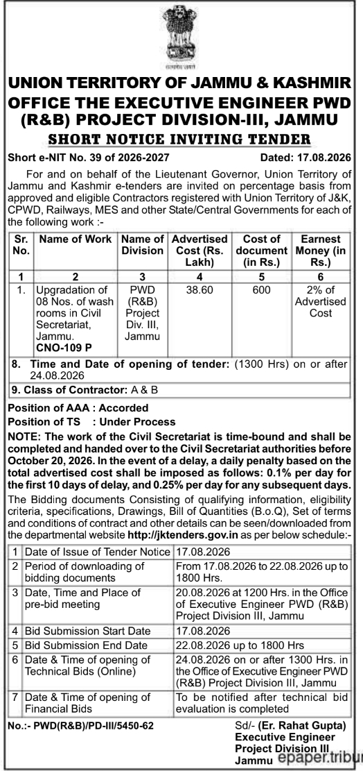Short e-NIT for Washroom Upgradation by PWD (R&B) Project Division-III Jammu