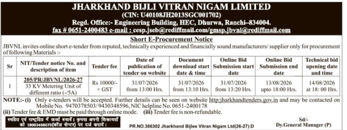 Short E-Procurement Notice by Jharkhand Bijli Vitran Nigam Limited
