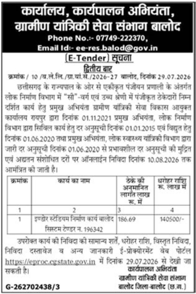 Short E-Tender Notice for Construction of Balod Indoor Stadium