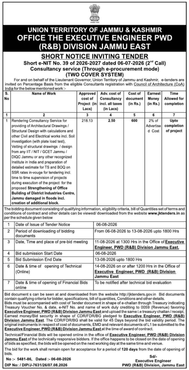 Short Notice Inviting Tender for Architectural Consultancy Services by PWD
