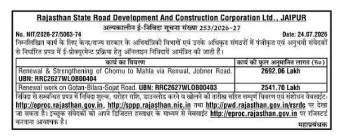 Short Term e-Tender Notice: Road Renewal and Strengthening Works