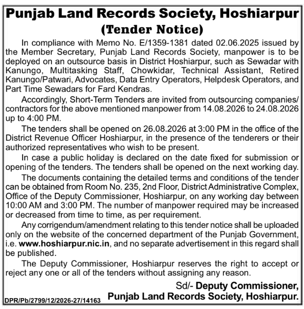 Short-Term Tender for Outsourced Manpower Deployment by PLRS Hoshiarpur