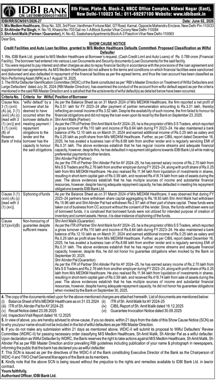 Show Cause Notice: Proposed Classification as Wilful Defaulter