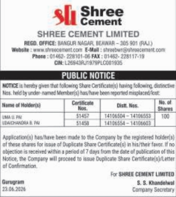 Shree Cement Public Notice: Issue of Duplicate Share Certificates for Lost Shares