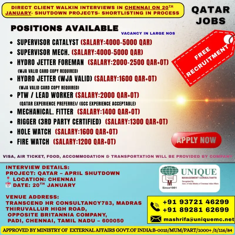SHUTDOWN PROJECT JOBS IN QATAR