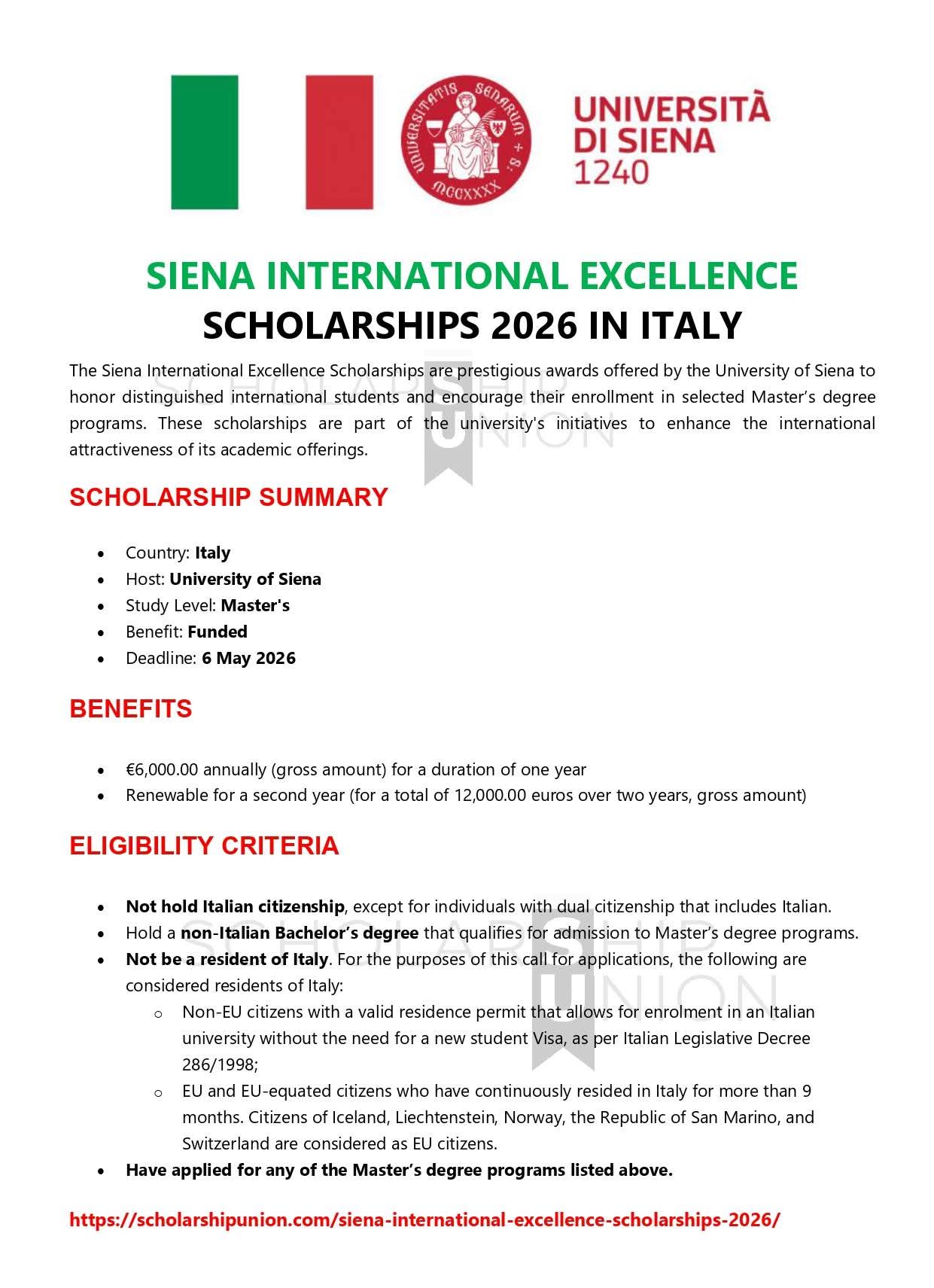 Siena International Excellence Scholarships 2026 in Italy