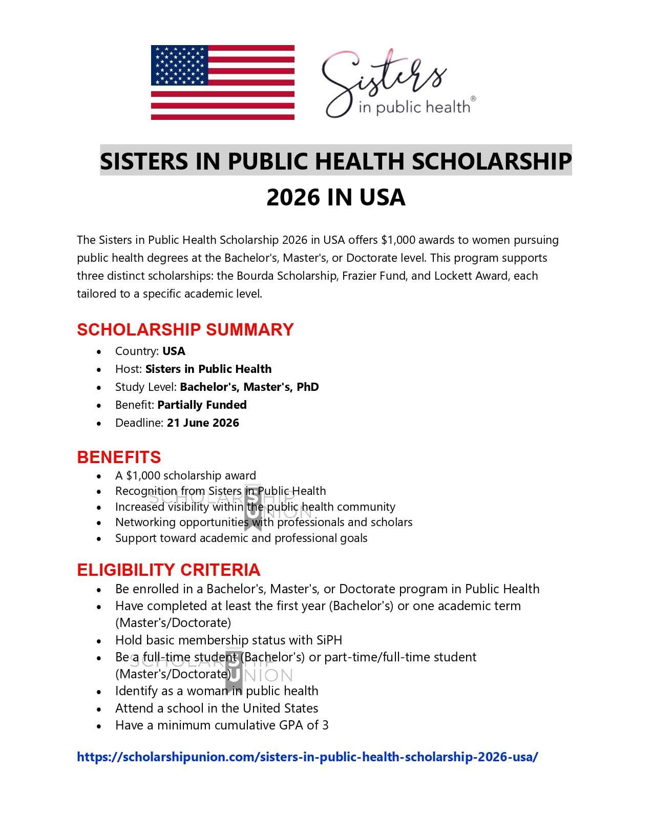 Sisters in Public Health Scholarship 2026 in USA