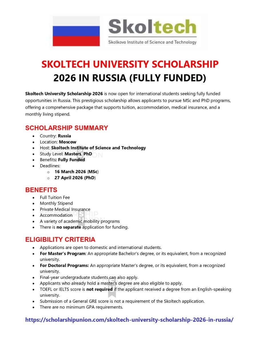 Skoltech University Scholarship 2026 in Russia