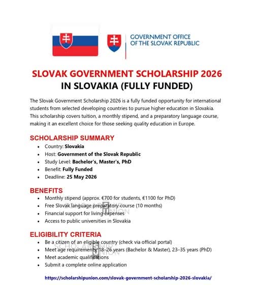 Slovak Government Scholarship 2026 in Slovakia