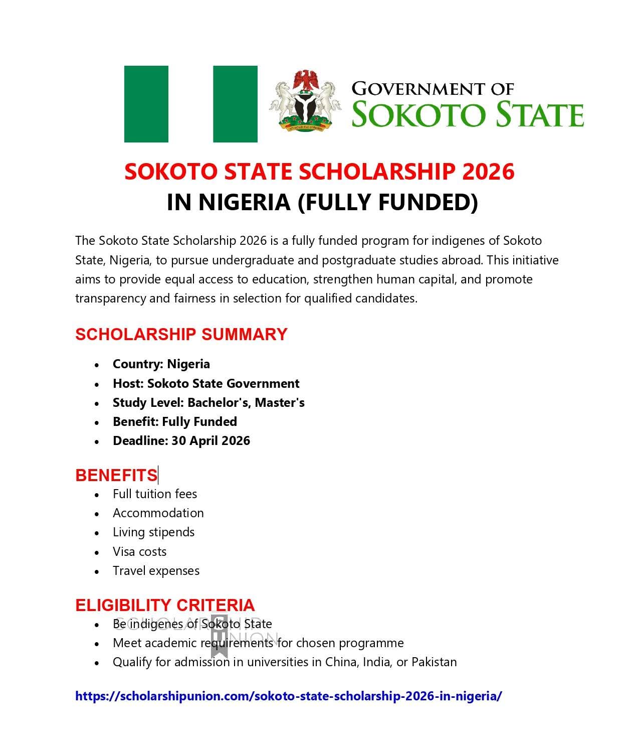 Sokoto State Scholarship 2026 in Nigeria