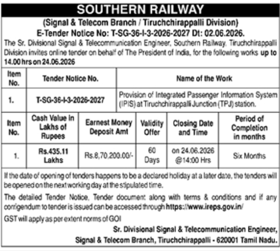 Southern Railway: E-Tender for IPIS Installation