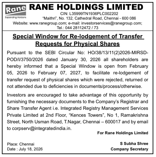 Special Window Notification: Physical Share Transfer Work Rane Holdings Limited, Chennai