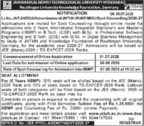 Spot Counselling Notification for International Integrated Programs by JNTUH