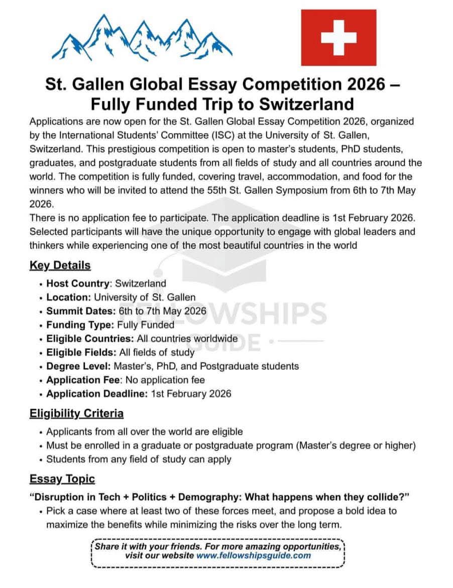 St. Gallen Global Essay Competition 2026 - Fully Funded Trip to Switzerland