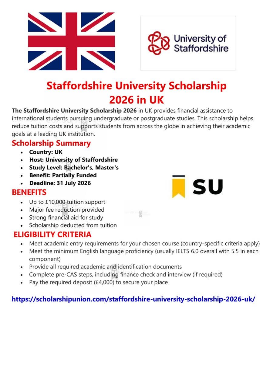Staffordshire University Scholarship 2026 in UK