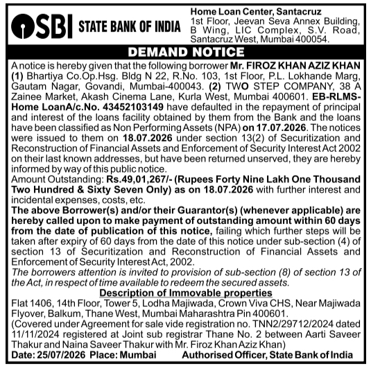 State Bank of India Demand Notice for NPA Default