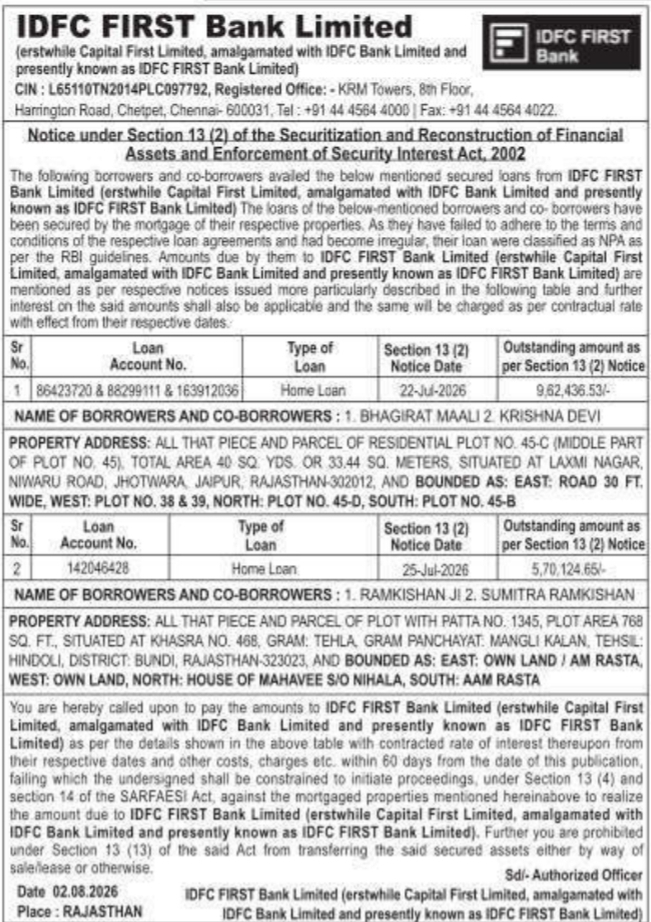 Statutory Demand Notice under SARFAESI Act (IDFC FIRST Bank)